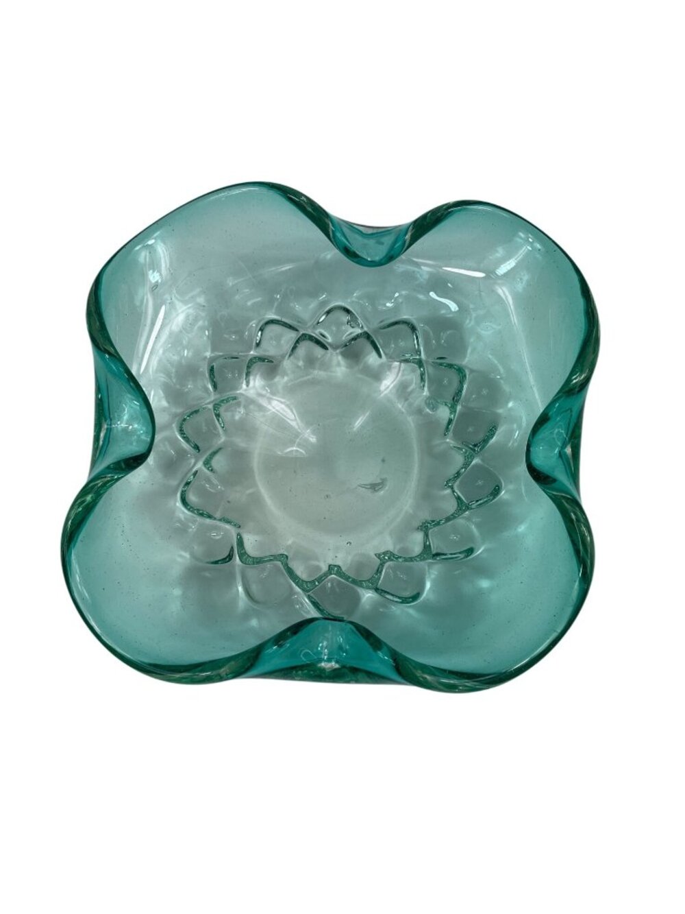 Vintage Hand Blown Turquoise Glass Bowl w/ Ruffled Edge & Textured Floral Design - Picture 2 of 10